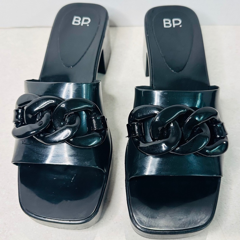BP‎ Black Jelly Platform Slide Sandals Chain Link Block Heel Square Toe  9M